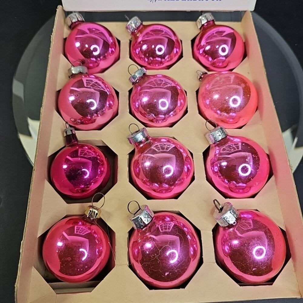 Vintage PINK Christmas Ornaments Set Of 12 Round Glass Baubles
